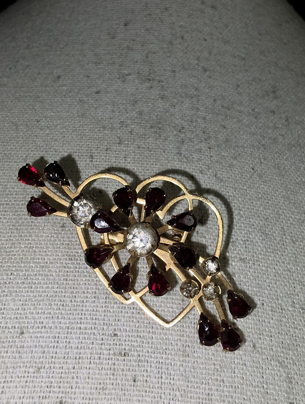 Vintage Gold-Tone Red & Clear Rhinestone Floral Spray Hearts Brooch Pendant